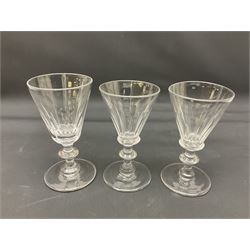 Collection of 18th century and later glassware, including set of three with twist stems and etched and fluted examples