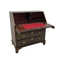 George III mahogany bureau, the fall front enclosing fitted interior, three graduating long drawers, on bracket feet