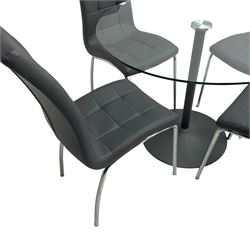 Circular glass and metal pedestal table, together with four high back grey chairs 
