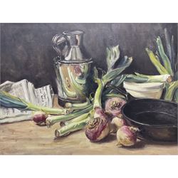 Neil Tyler (British 1945-): Still Life 'Leeks and Swedes', oil on canvas signed and dated 2001, titled verso 59.5cm x 79.5cm
