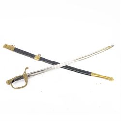 Reproduction 1870s French naval officers sword, with slightly curved single edge blade, brass hilt with dolphin quillon and anchor amidst a pierced floral hilt, wire bound grip, in brass mounted leather scabbard, overall L84cm