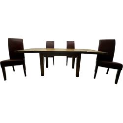 Oak dining table, rectangular plank with two extension leaves at each end, central drawer with brass handle, supported by square legs (L131cm - 233cm, D80cm, H76cm); four high-back dining chairs, the chairs upholstered in dark brown leatherette with stitched detailing, on square tapering legs (H108cm)