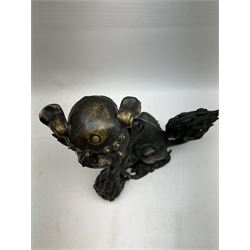 Bronze dog of foo, modelled with one paw placed upon ball, H18cm