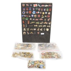 Large collection of pin badges, including flg, military and souvenir examples 