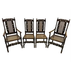 Set of seven (5+2) 19th century Carolean design oak dining chairs, scroll leaf and flower head carved cresting rail over spiral turned uprights and cane work back, the cane work seat on spiral turned supports united by plain stretchers, scrolled leaf carved middle rail 