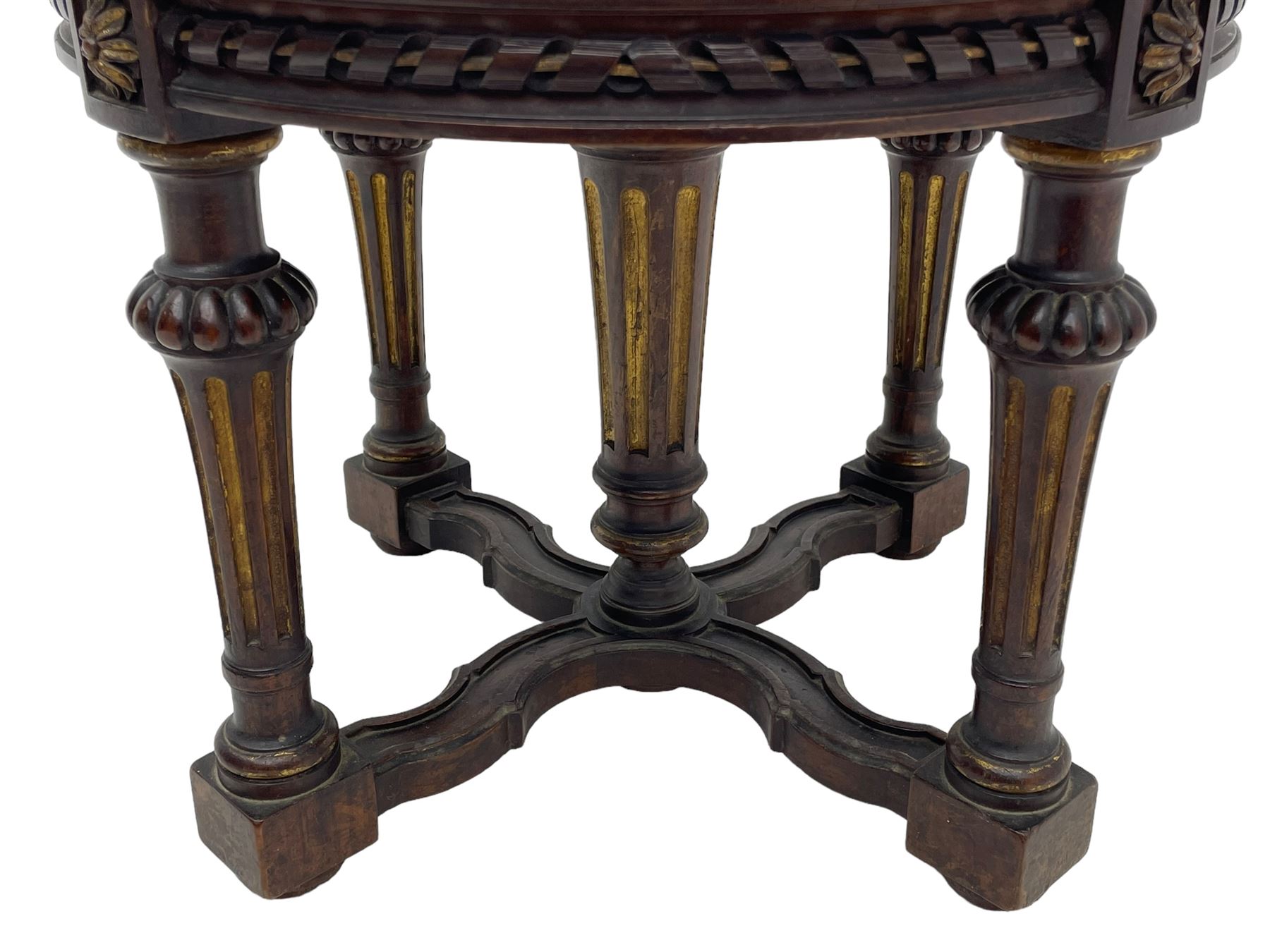 Holland & Sons (London: 1843-1942) - mid-to-late 19th century French design stool, circular form with upholstered cushioned seat in foliate pattern fabric, on lobe carved turned and fluted supports united by shaped X-framed lower stretchers 