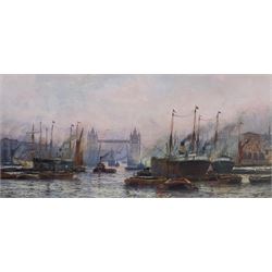 Frederick William Scarborough (British 1860-1939): 'The Pool of London and Tower Bridge', watercolour signed and titled 34cm x 72cm 