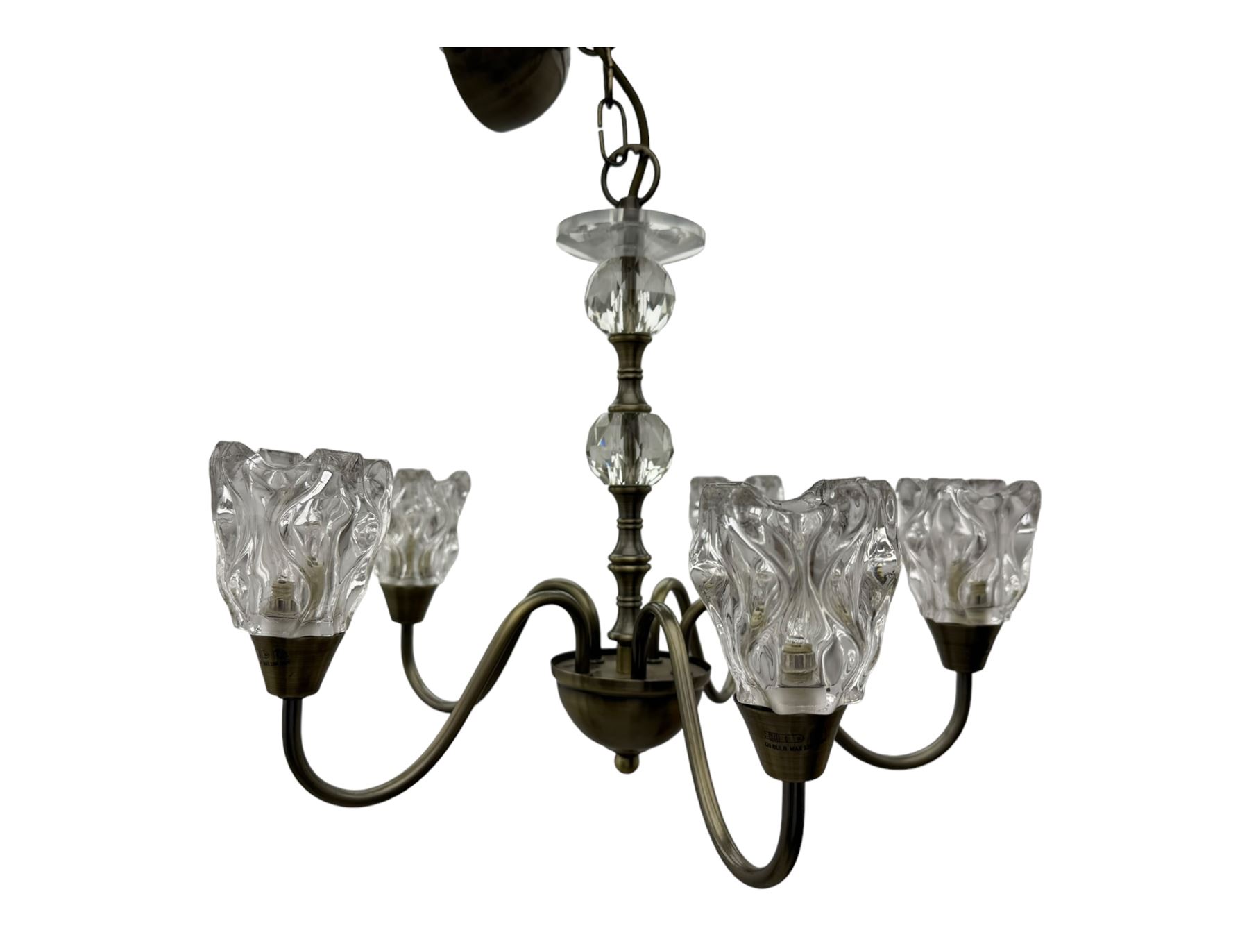 Contemporary five-branch chandelier, brass effect with moulded glass shades; matching pair of wall-mounted two-branch lights (3)