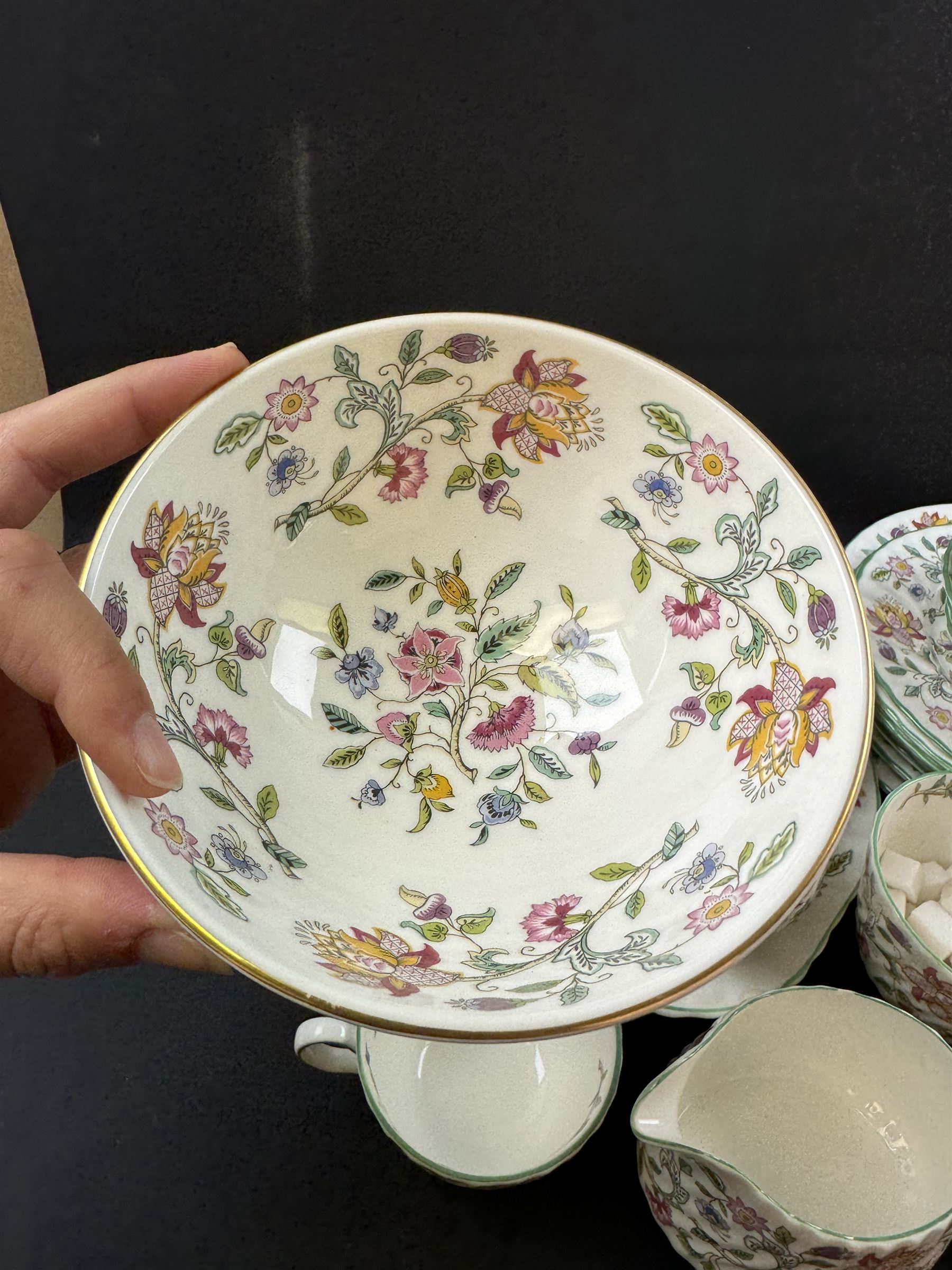 Minton Haddon Hall pattern part tea service, including milk jug, open sucrier, teacups and saucers, dessert plates etc