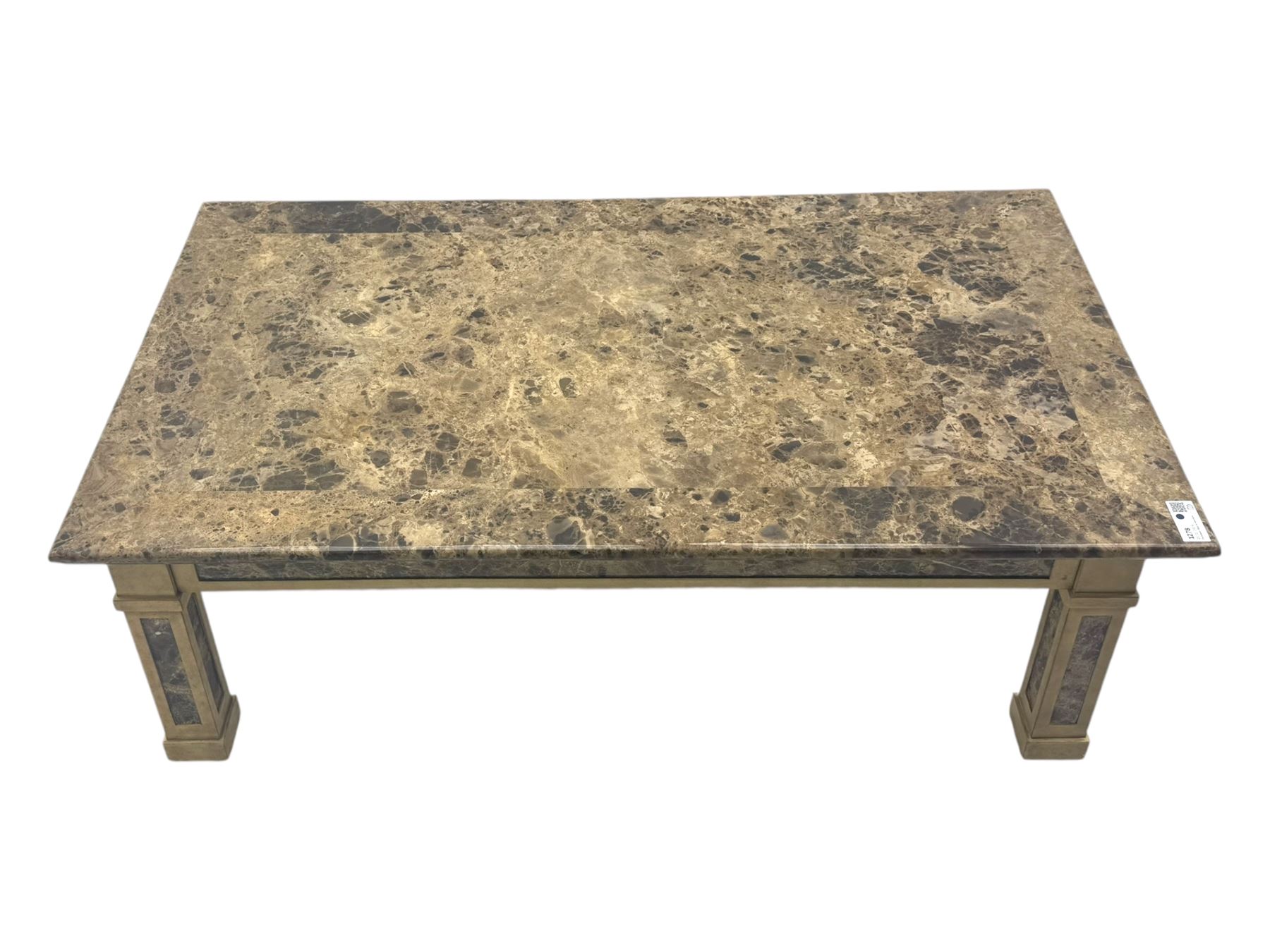 Rectangular coffee table, variegated marble top, on square supports with block feet 