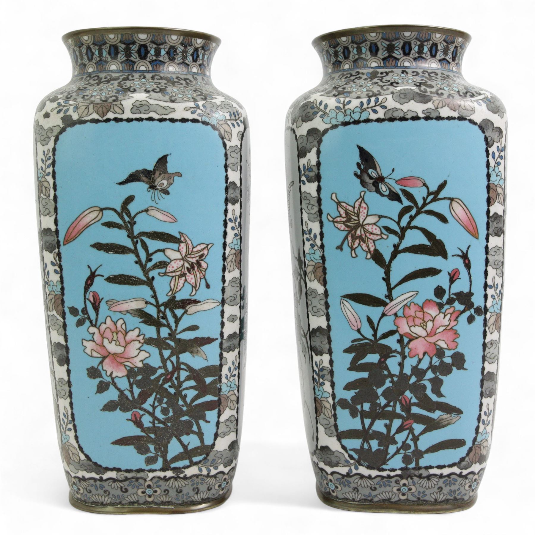 Pair of Japanese Cloisonne vases, of rounded square form, each decorated with four panels depicting birds amongst trees, against turquoise and pale blue/ grey ground, unmarked, H32cm