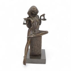 Bronze Libra figure, modelled as a nude female figure holding balances, signed Pino to bas...