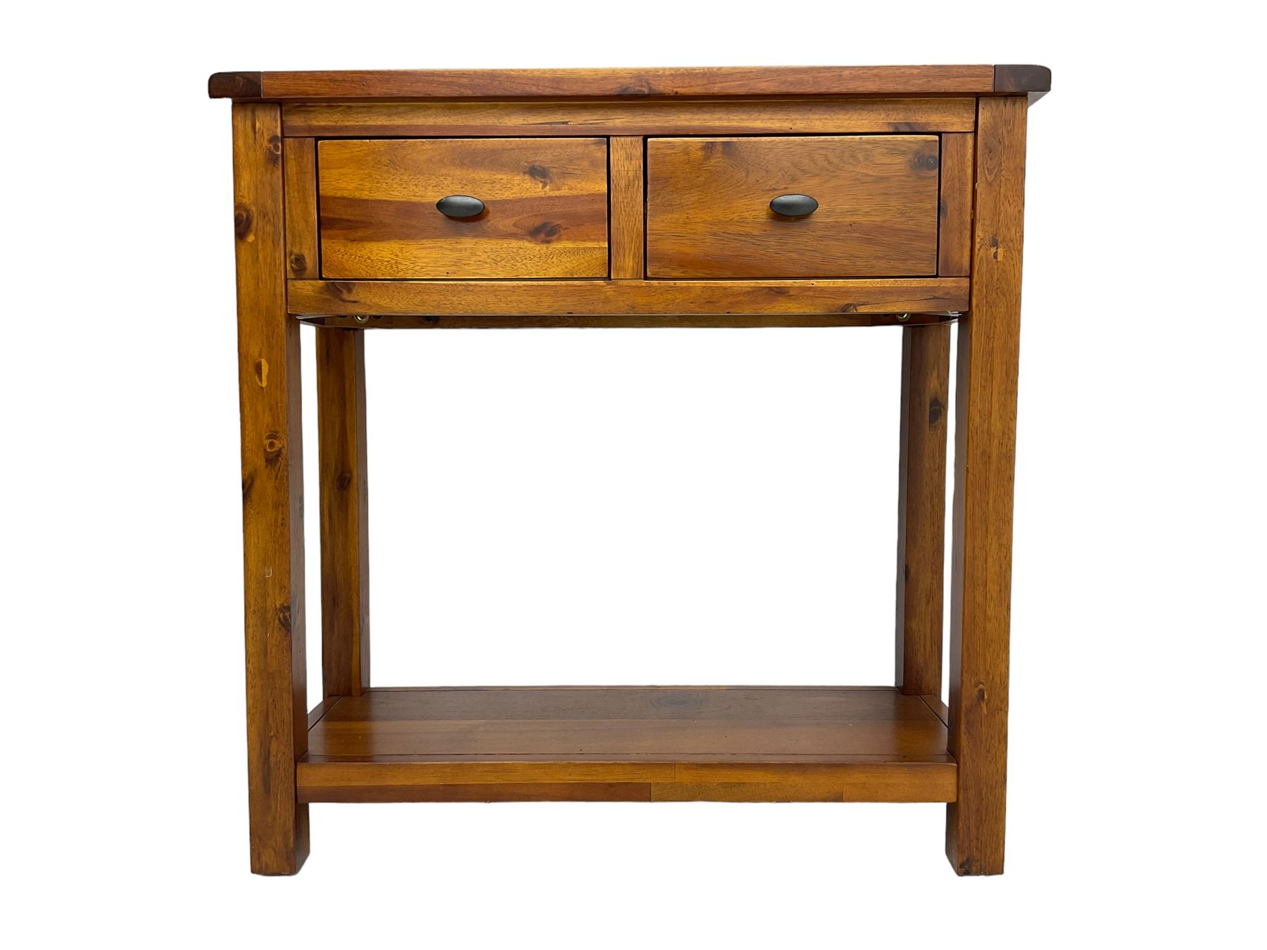 Hardwood side or hall table, rectangular top over two drawers, on square supports joined by undertier 