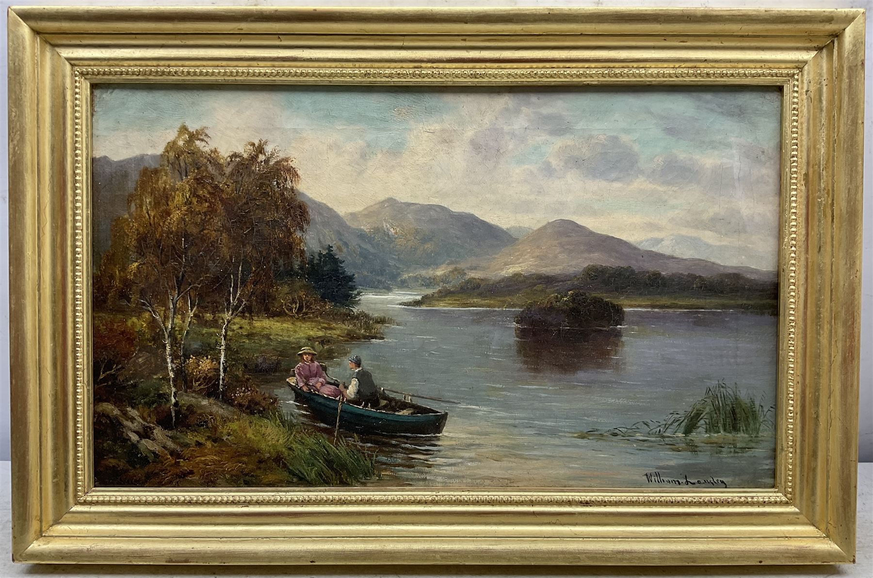 William Langley (British 1852-1922): Couple Rowing in the Trossachs, oil on canvas signed 29cm x 49cm