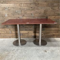 Two rosewood square restaurant tables, metal pedestal base