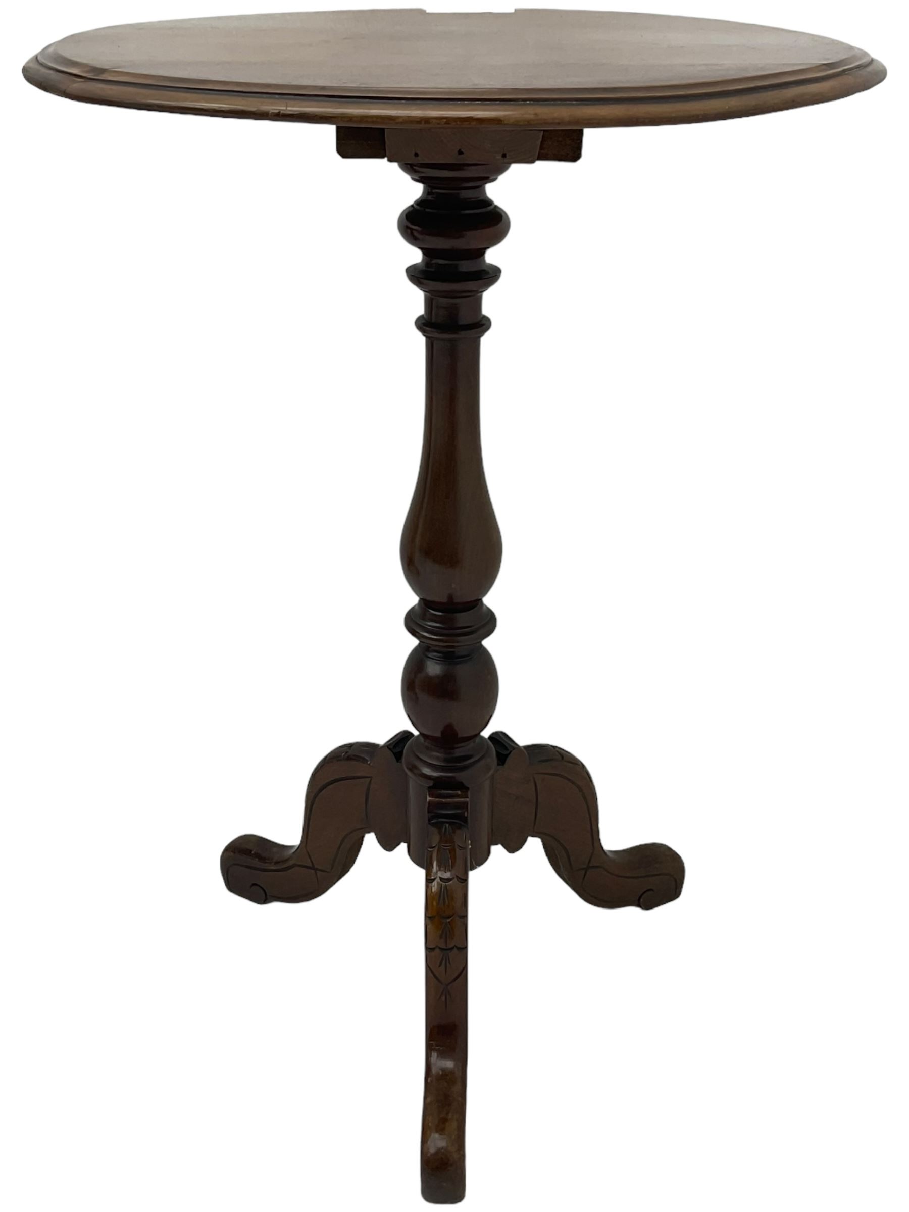 Mid-19th century mahogany tripod table, moulded circular top on vasiform pedestal with three carved out-splayed supports 