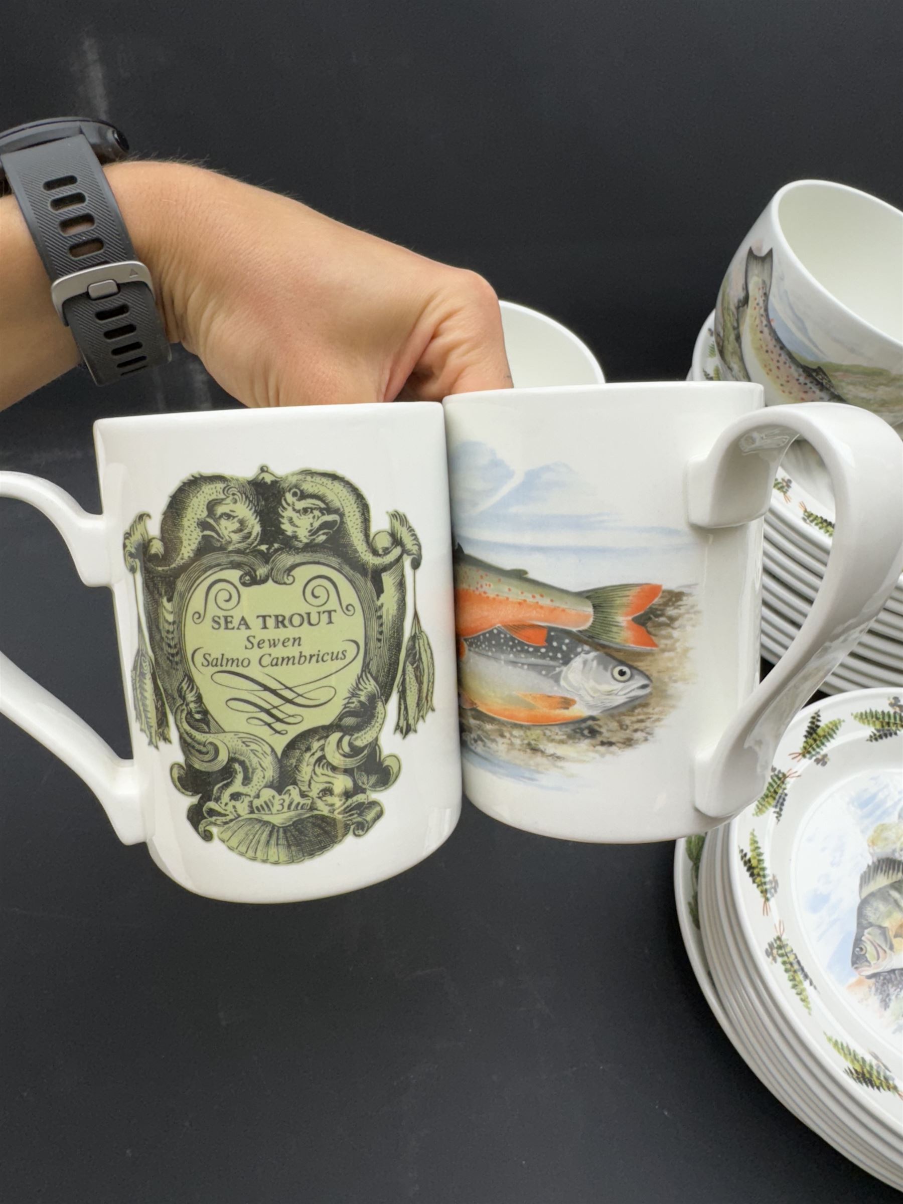 Portmeirion Complete Angler part tea and dinner service, including eleven dinner plates, five bowls, seven mugs etc together with two Royal Worcester cups and saucers