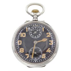 Early 20th century silver open face keyless lever alarm pocket watch by Zenith, black dial...