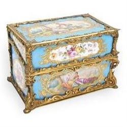 19th century Sevres style porcelain and gilt brass casket, the fall front hinged cover painted with a courting couple in a landscape within raised gilt border on on a bleu celeste ground, the side panels depicting floral sprays and a further courting couple, within gilt brass scroll borders, L20cm x H12.5cm 