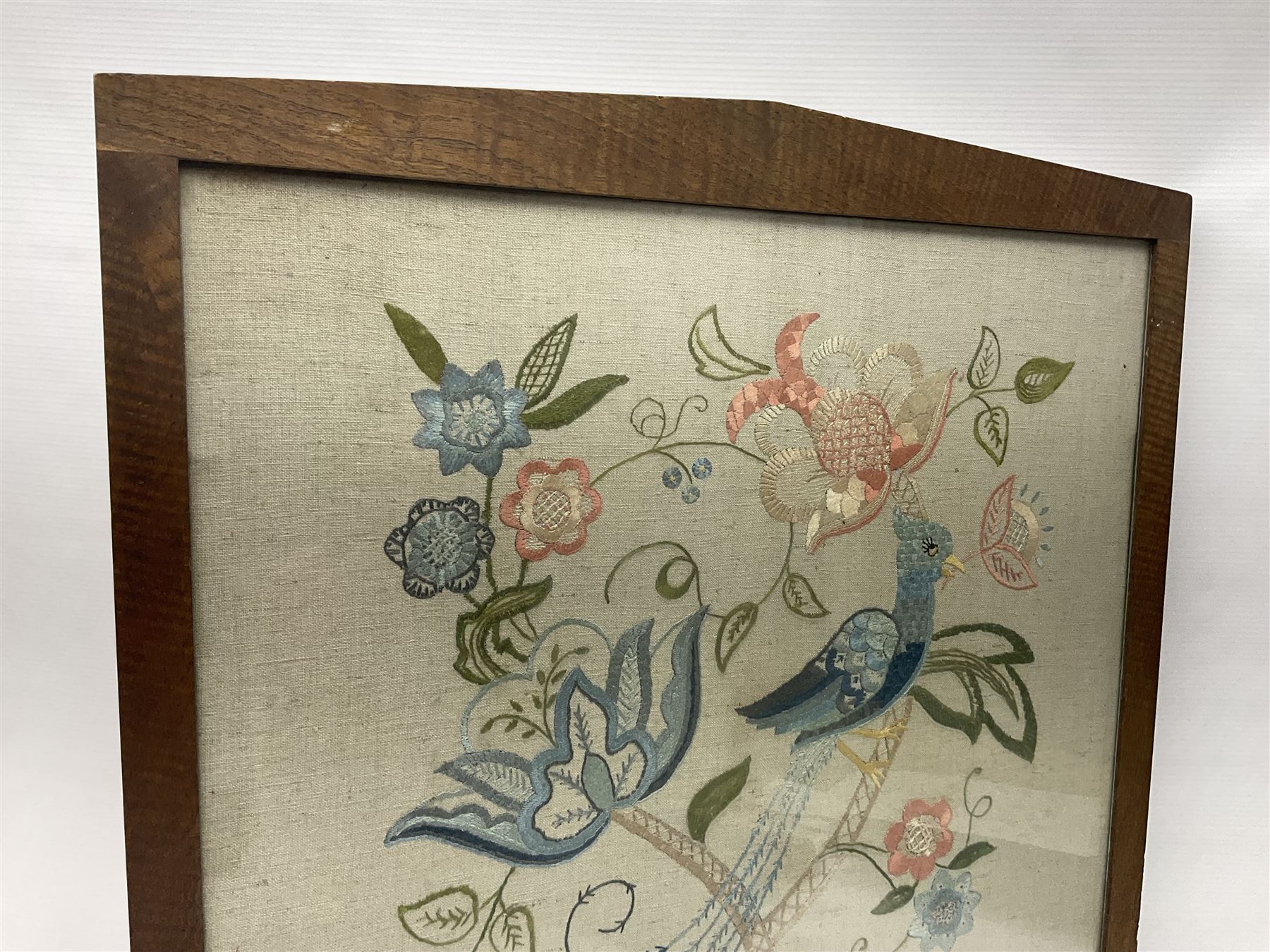 20th century framed crewelwork embroidery, depicting foliate and birds, H64, W55cm