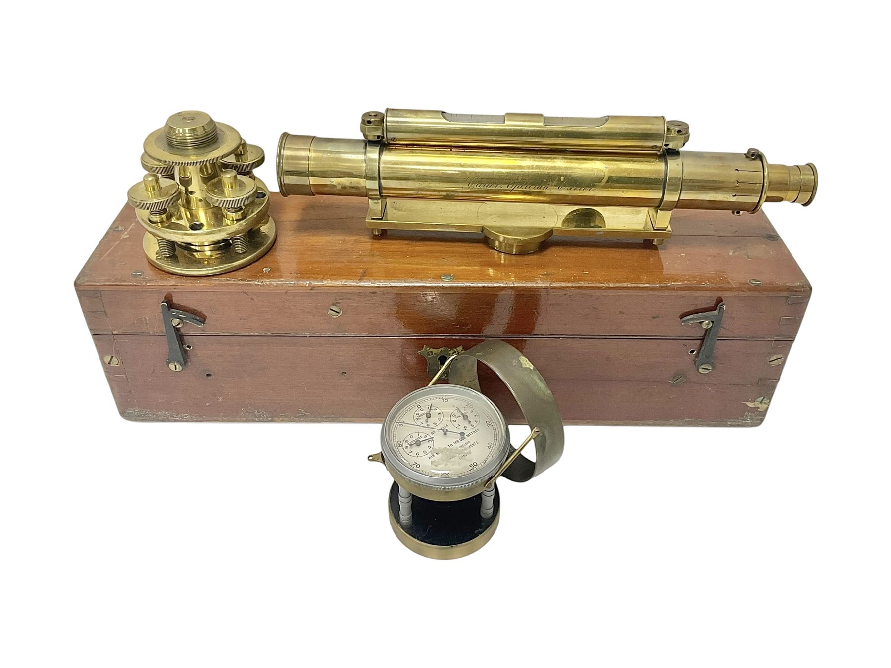 Late 19th century/early 20th century brass dumpy level, inscribed Carter Optician Exeter, in fitted mahogany case, together with a Lowne Instruments Air Meter, no L 3854