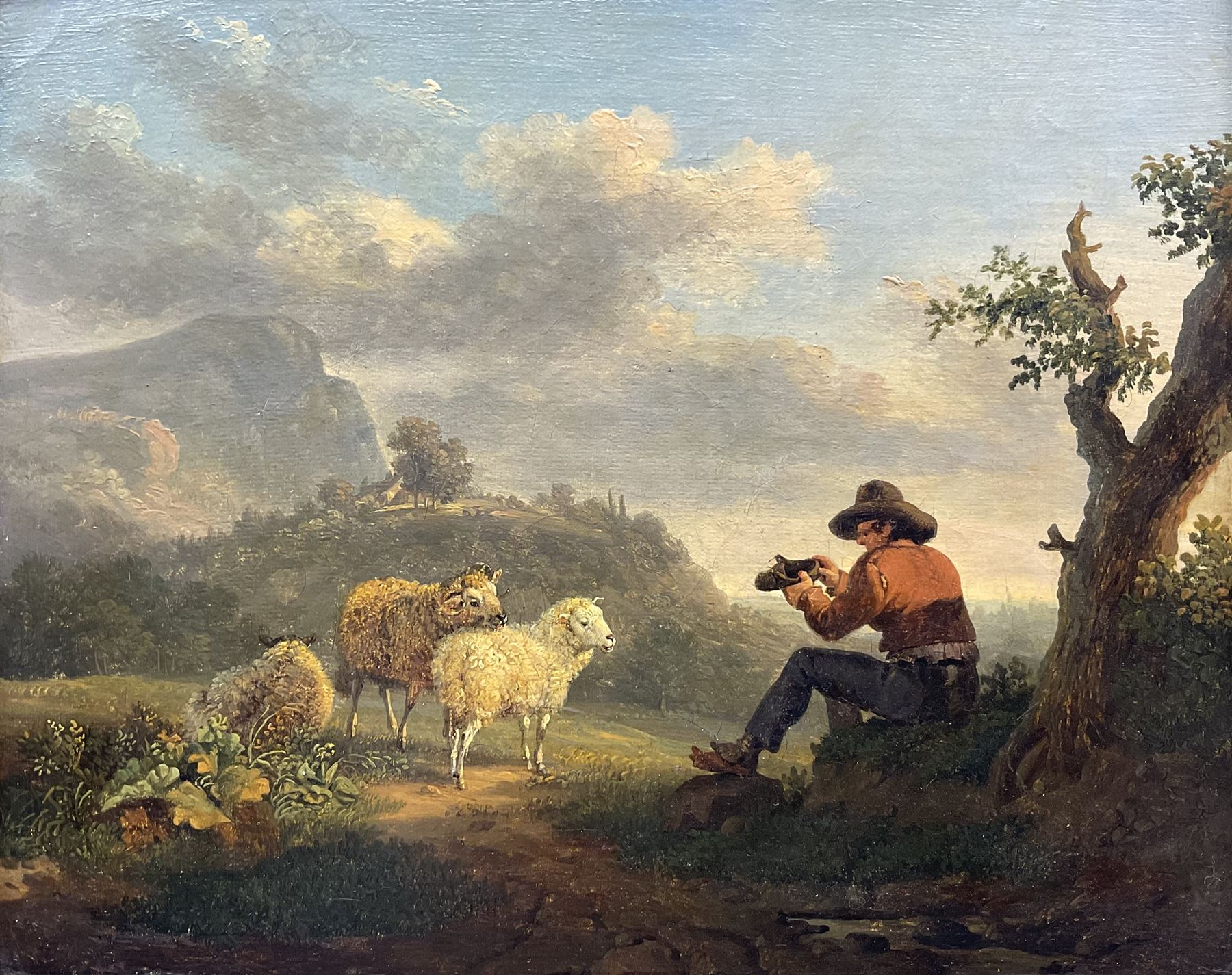 Circle of Jan Van Balen (Flemish 1611-1654): Farmer Resting in Belgian Landscape, oil on canvas attributed on the mount 22cm x 27cm 