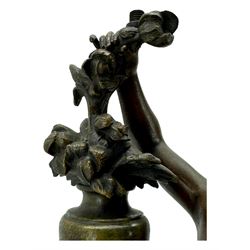 After L & F Moreau - Spelter table lamp in the form of a female figure next to a pedestal on circular naturalistic base H55cm