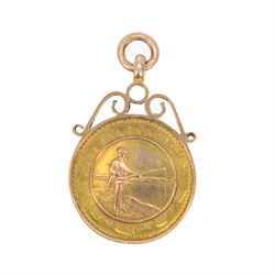 1920s 9ct gold fishing medallion, within scrolling pendant mount, hallmarked S & Co, Birmingham 1928, including mount H3cm