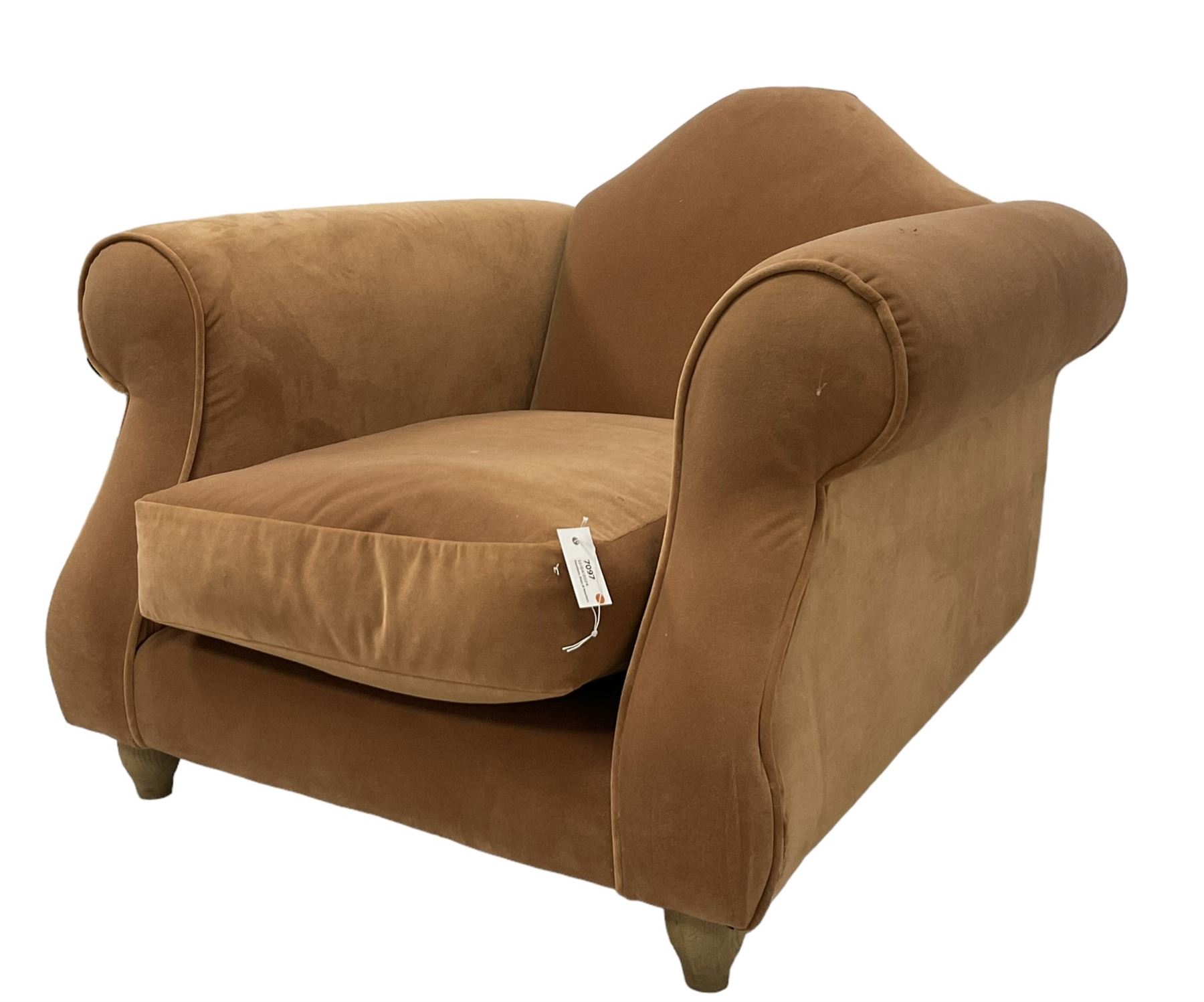 Loaf - hardwood-framed armchair, camelback and rolled arms, upholstered in rust velvet fabric, on turned oak front feet