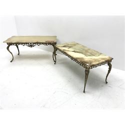 Two vintage onyx coffee tables on ornate gilt metal bases, shaped top table - 111cm x 52cm, H50cm, rectangular top table - 101cm x 50cm, H45cm