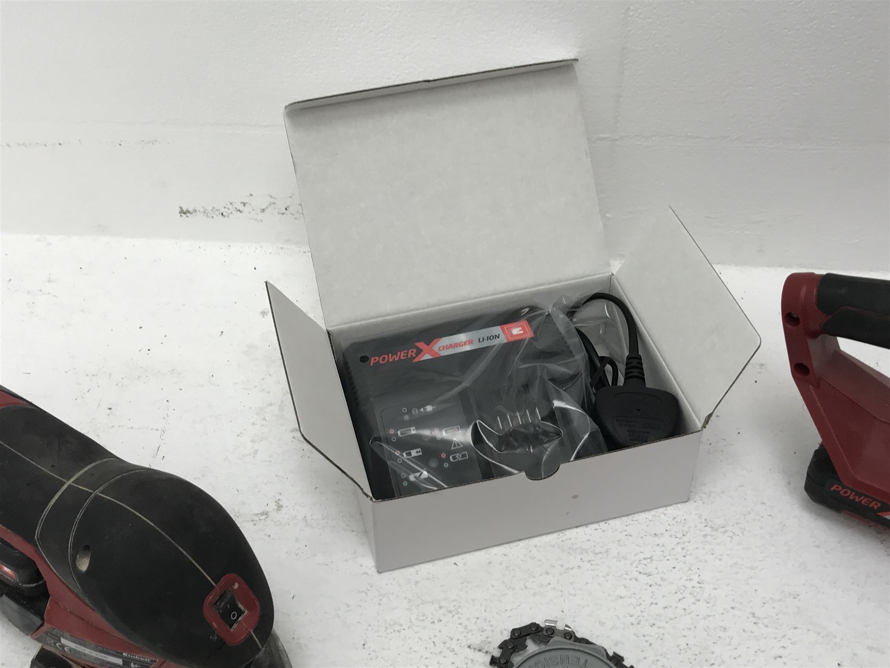 *Einhell GE-LC 18 Li cordless chainsaw and Einhell TE-OS 18/1 Li hand sander, with two batteries and charger 