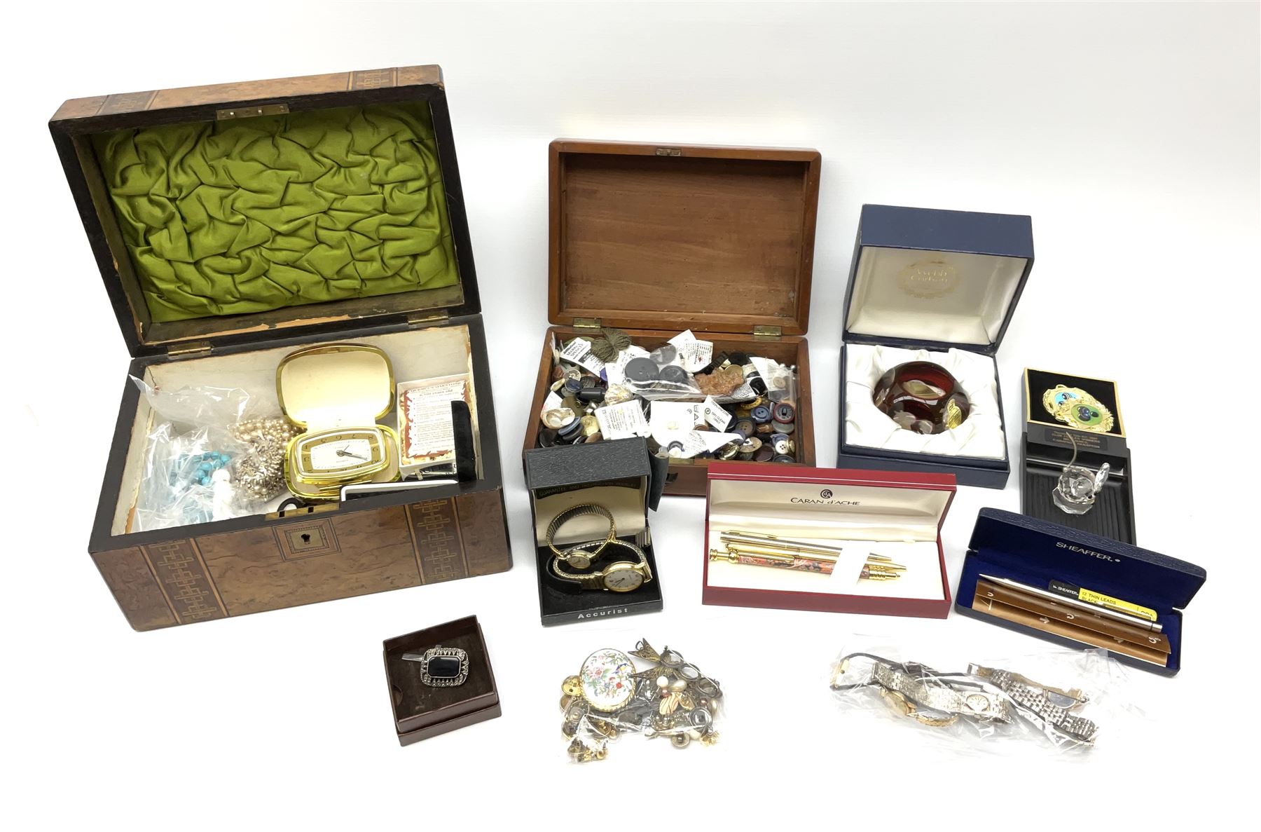 A collection of Vintage and later costume jewellery and wrist watches, to include a ladies Bulova bark effect watch, a silver brooch, hallmarked London import, boxed Webb Corbett paperweight, small Swarovski figure, together with a 19th century burr walnut box, a smaller brass bound mahogany box, etc. 