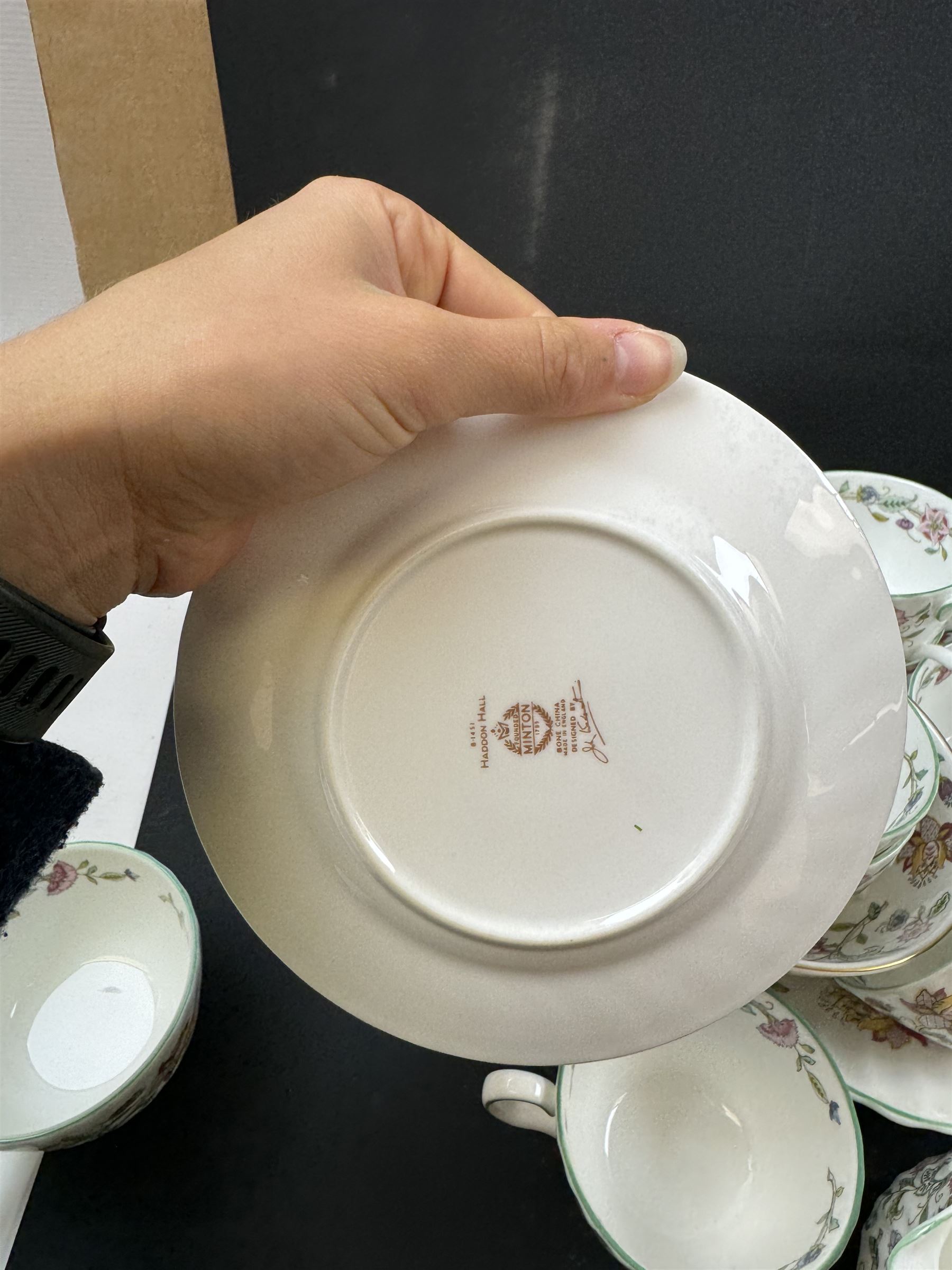 Minton Haddon Hall pattern part tea service, including milk jug, open sucrier, teacups and saucers, dessert plates etc