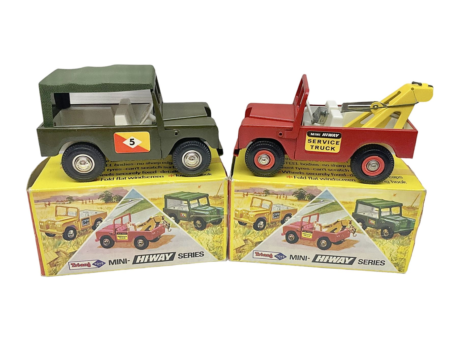 Tri-Ang - Mini Hi-Way Series tin-plate Land Rover with Canopy and Service Truck in red; both in original boxes 