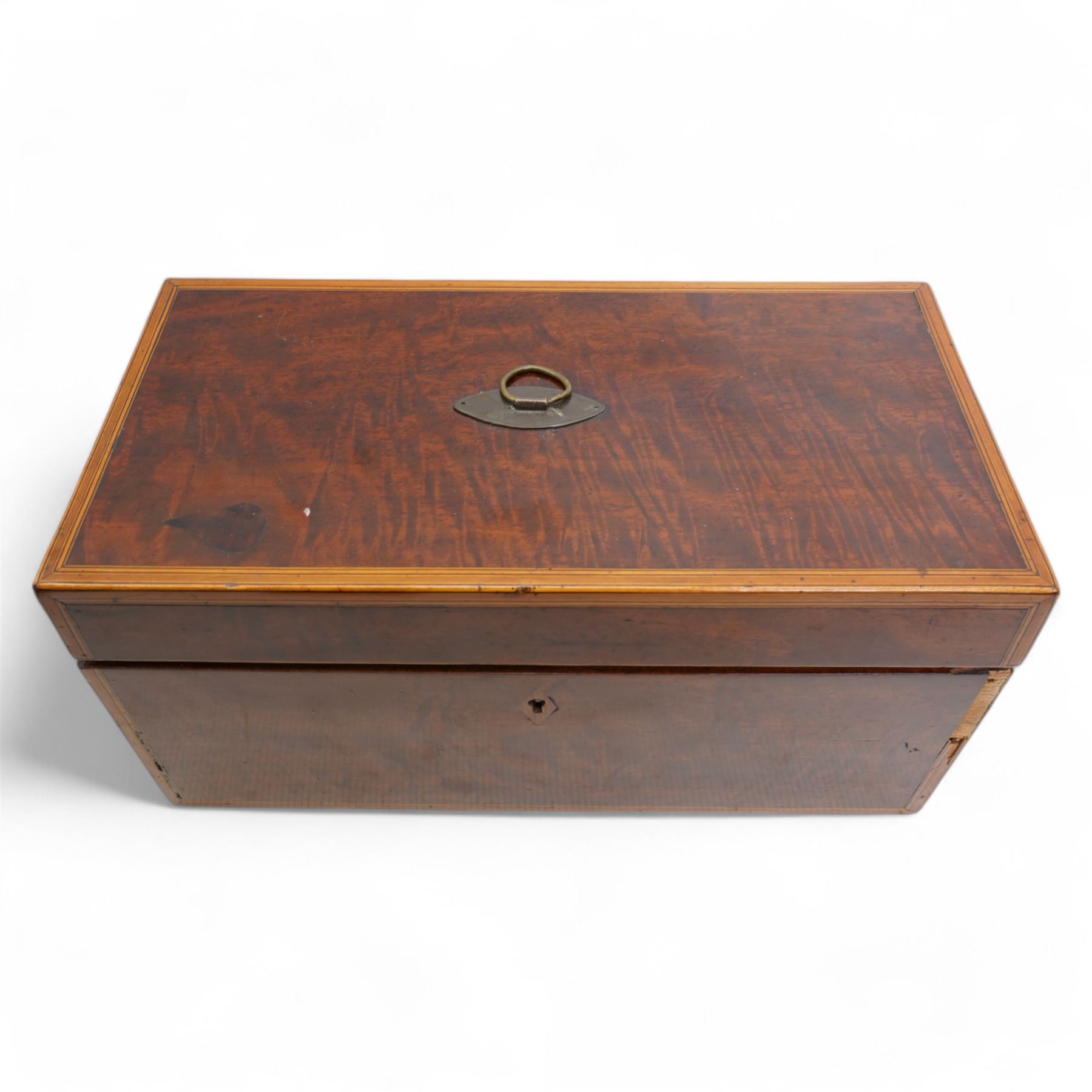 Early 19th century mahogany tea caddy crossbanded in satinwood, the interior with two covered containers and bowl recess W31cm