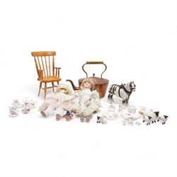 Beswick harnessed grey shire horse No.818, three Beswick black faced sheep, quantity of Hammersley miniature items, large oval copper and brass kettle, two modern bisque head dolls and a dolls chair