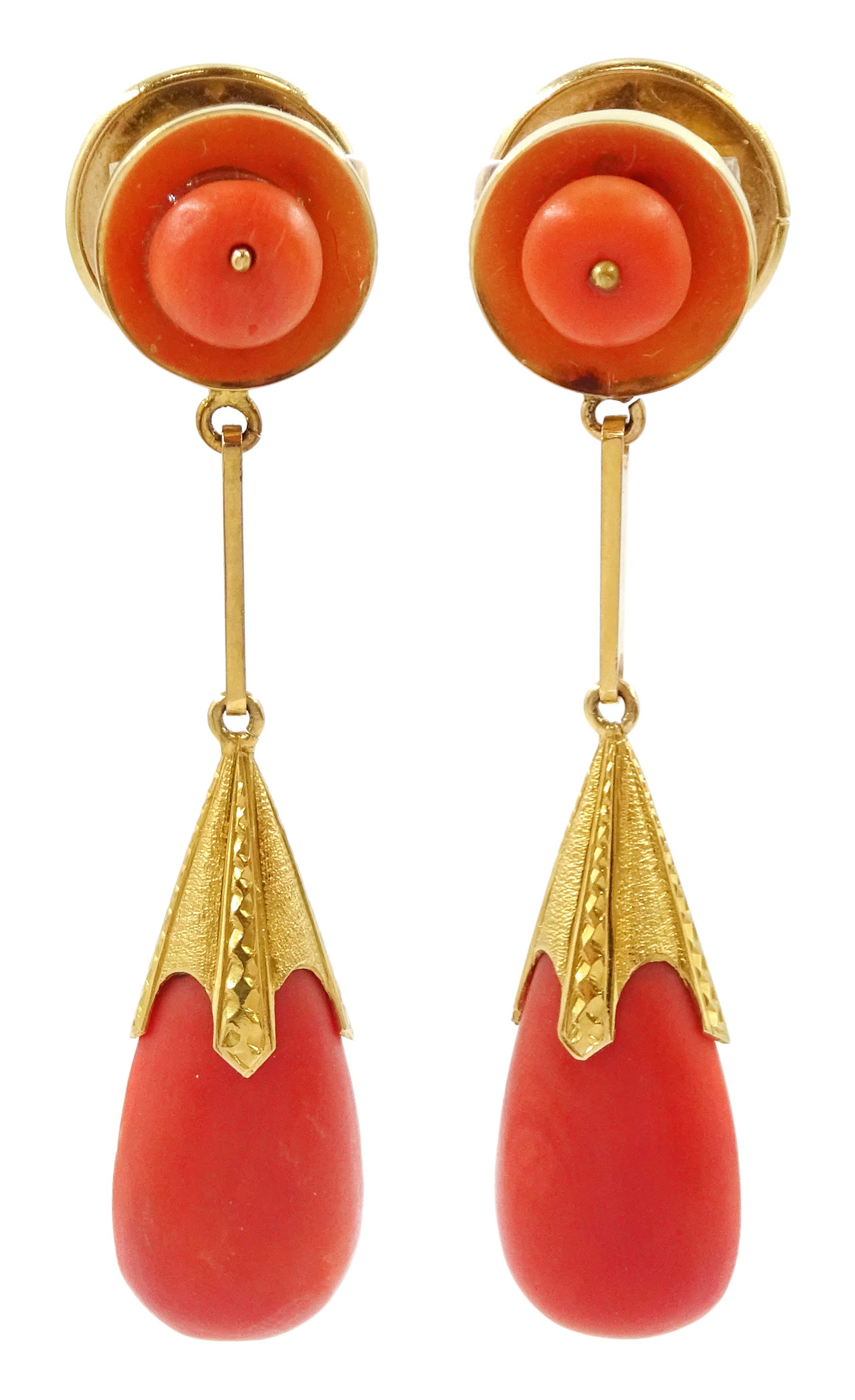 Pair of 18ct gold coral pendant stud earrings, in silk and velvet lined box