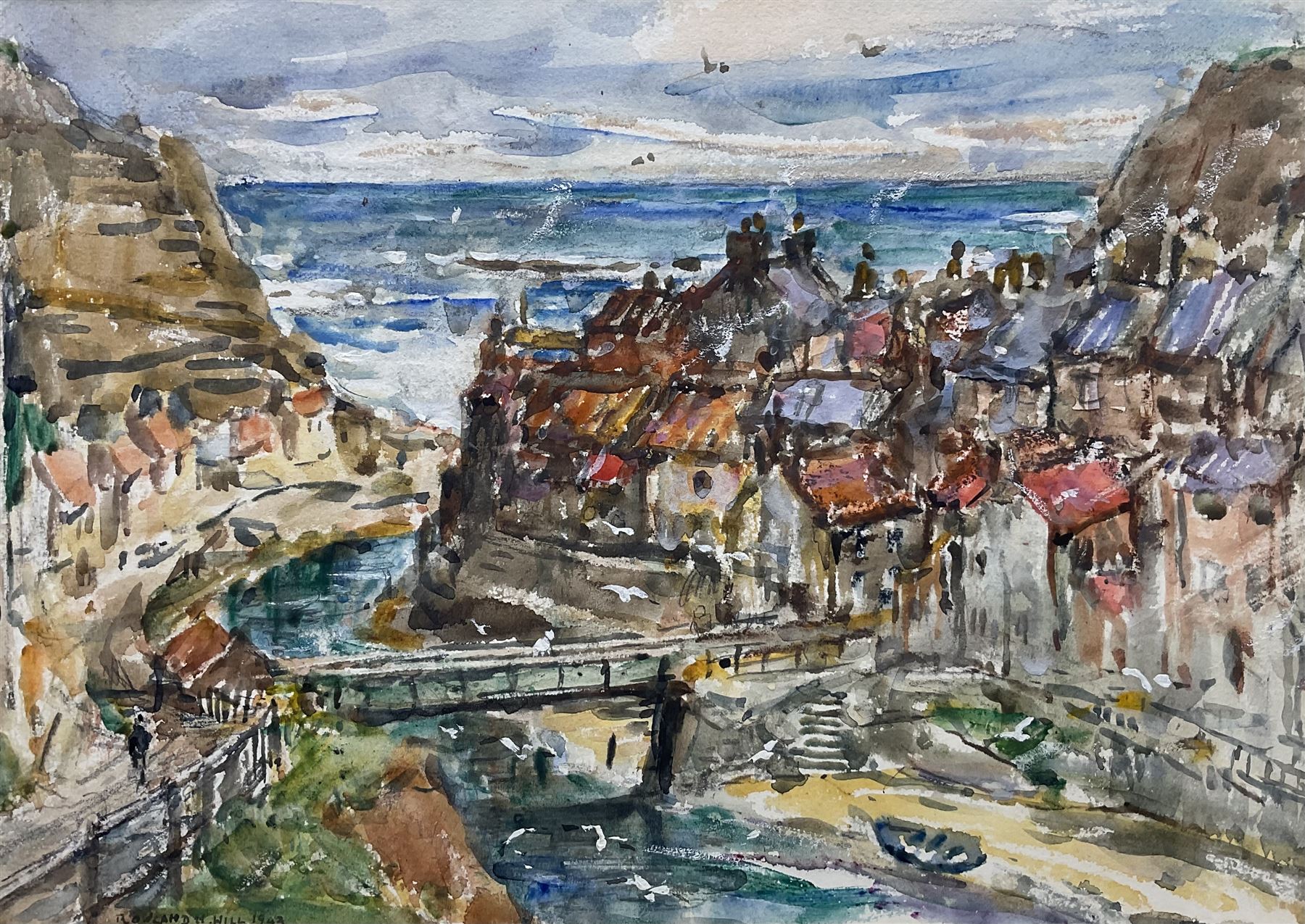 Rowland Henry Hill (Staithes Group 1873-1952): Staithes Beck and Village, watercolour signed and dated 1943, 21cm x 30cm