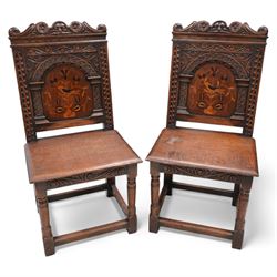 Pair of 19th century Dutch style marquetry oak hall chairs, cresting rail carved with a ce...