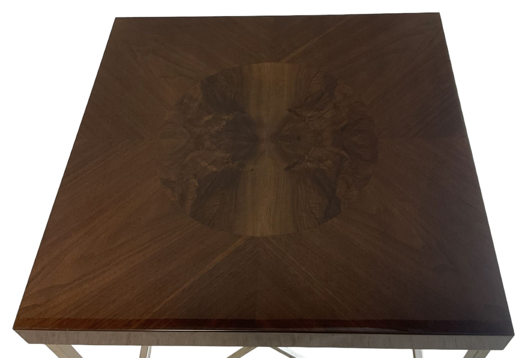 Malerba - pair of Italian burr walnut and chrome lamp tables, square top with central circular inlaid panel, raised on chrome square supports united by stretchers, retailed by Harrods