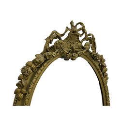 19th century giltwood and gesso girandole wall mirror, the raised pediment decorated with ribbon tie over curled acanthus leaves and flowerhead festoons, oval egg and dart moulded frame with outer bead, three projecting candle sconces in the form of scrolled acanthus leaves, lower shell motif with extending leaf decoration 