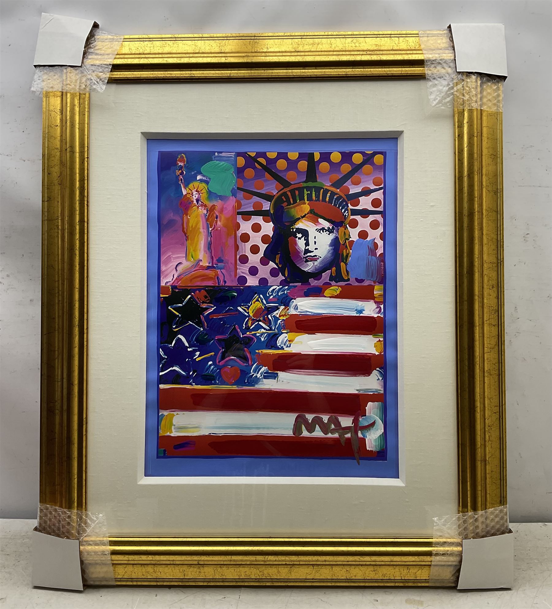 Peter Max (American 1937-): 'United we Stand', 'Liberty and Justice for All', 'God Bless America - With Five Liberties', 'God Bless America II', 'Peace on Earth', and 'Land of the Free, Home of the Brave', set of six mixed media with acrylic and colour lithography 59cm x 44cm (6)