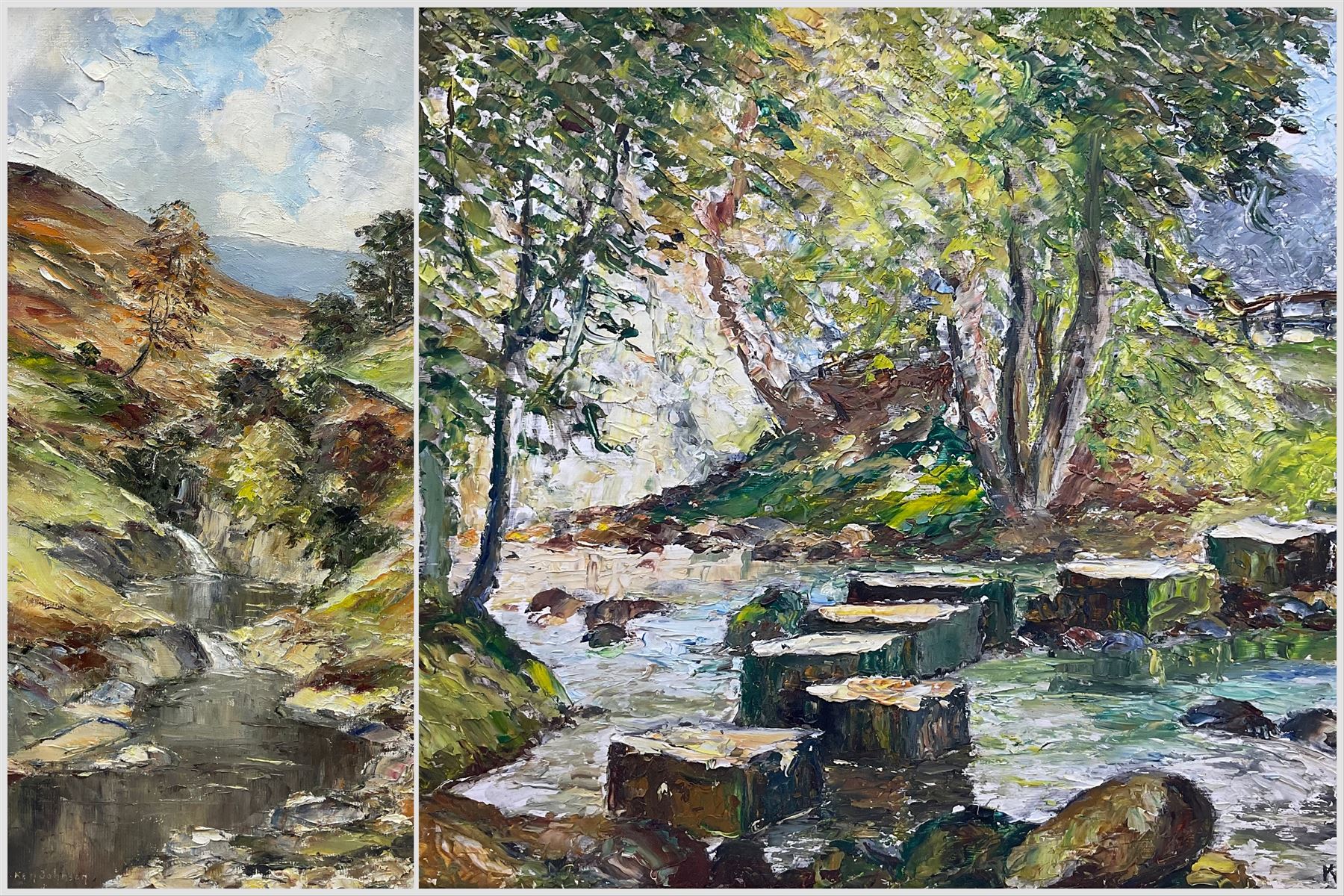 Ken Johnson (British 20th Century): Stepping Stones and 'Wheeldale Gill', two oils on board signed max 36cm x 43cm (2)