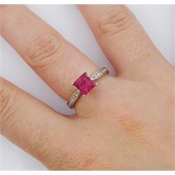 18ct white gold square cut ruby ring, with round brilliant cut diamond set shoulders, hallmarked, ruby approx 1.25 carat