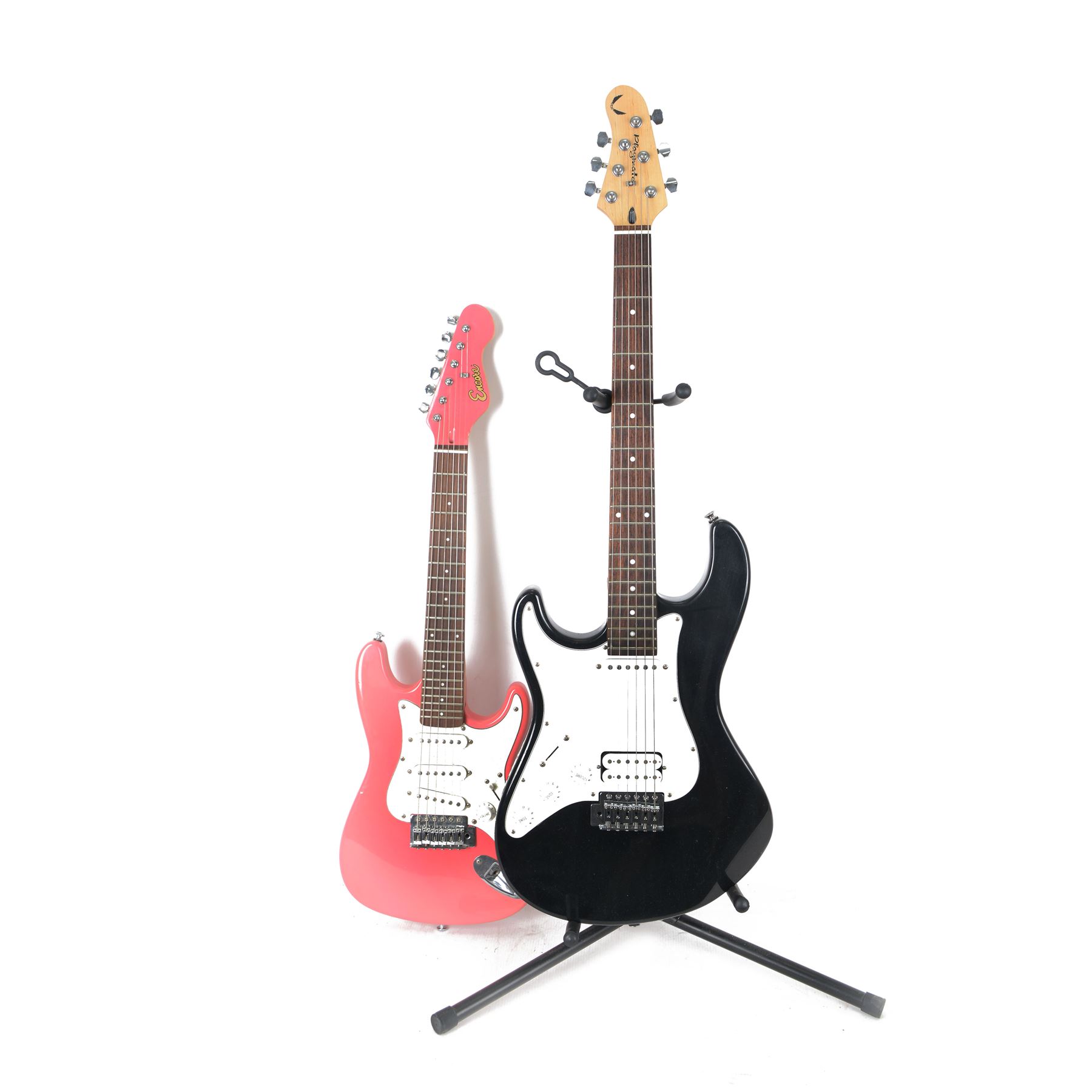 Dean Playmate 3/4 size left-handed electric guitar, in black finish, together with an Encore child's electric guitar, in pink finish, black H97cm, pink H81cm