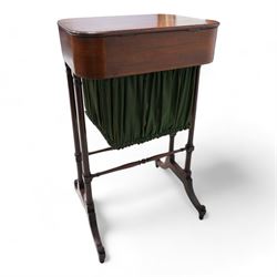 Small Regency mahogany sewing table, rectangular top with moulded edge, inlaid with cross-banding, fitted with single drawer over upholstered sliding well, raised on twin ring-turned double end supports united by two swell and ring turned stretchers, terminating to splayed supports on castors