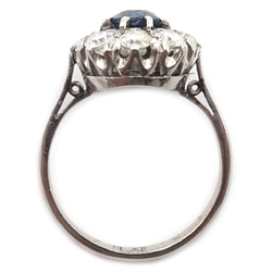  Platinum sapphire and diamond cluster ring, stamped PLAT, diamonds approx 0.9 carat, sapphire approx 0.7 carat  