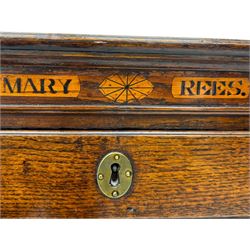 George III oak chest, rectangular top over frieze with inlaid with inscription panels 'Mary Rees' and fan motifs, frieze drawer over two short and three long graduating drawers, fitted with brass swan-neck handles and oval escutcheons, on bracket feet