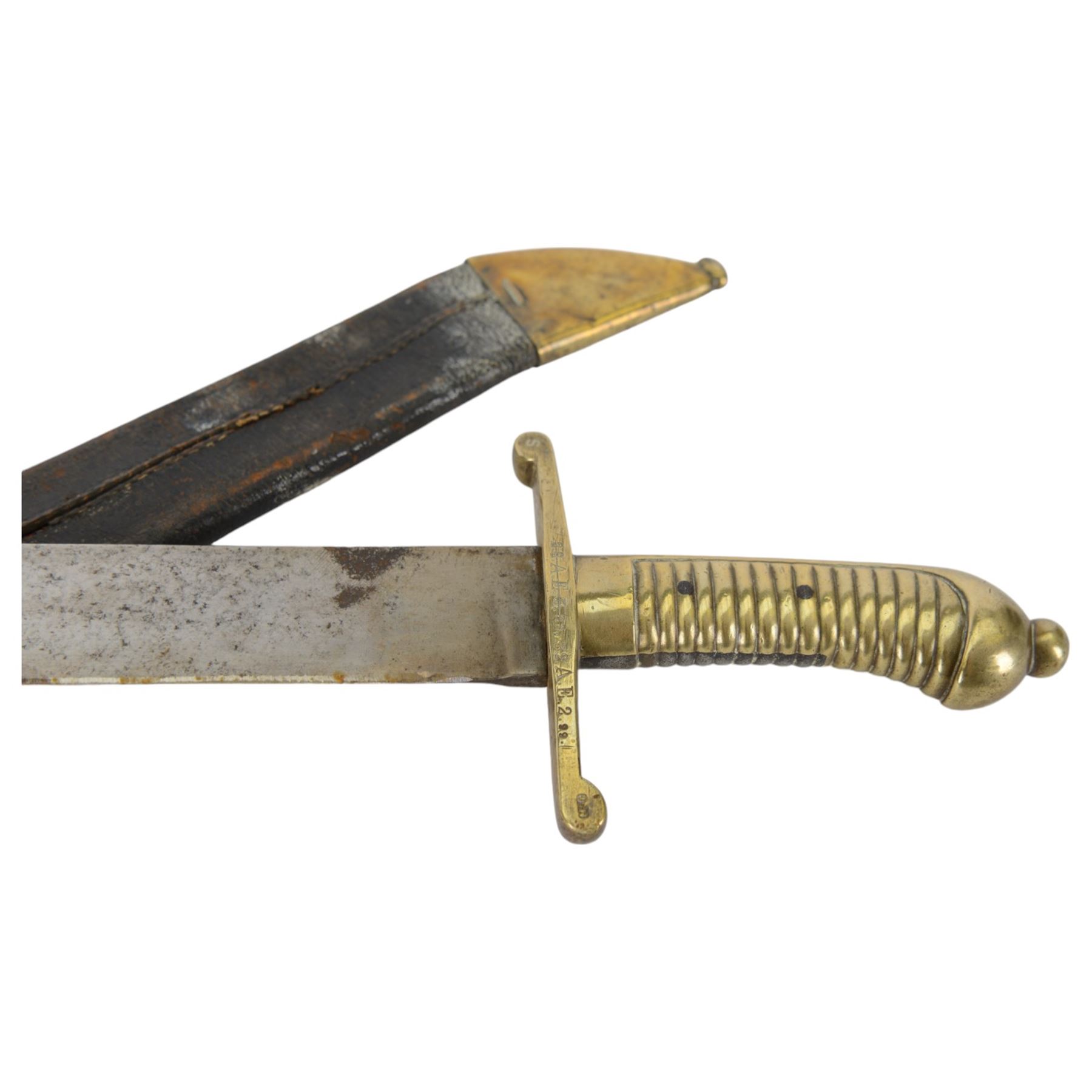 Prussian model 1855 Infantry Pioneers short sword, single edge blade stamped with a crown, quillon marked 28 AE.3.99. 32.A.E.2.99.1, with ribbed grip, in brass mounted leather scabbard, L65cm