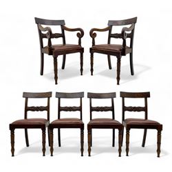 Set of six (4+2) early 19th century mahogany dining chairs, figured bar back over rose and curled leaf carved middle rail, drop-in seats upholstered in brown fabric, on turned front supports 